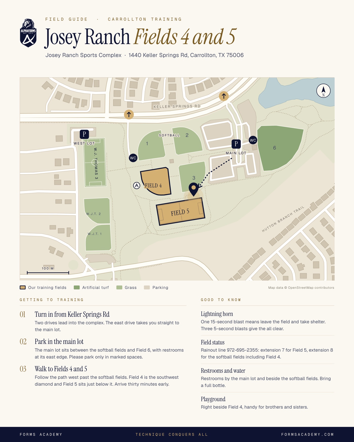 Field guide map of Josey Ranch Sports Complex in Carrollton, showing the entrances from Keller Springs Rd, the main lot, restrooms and Fields 4 and 5