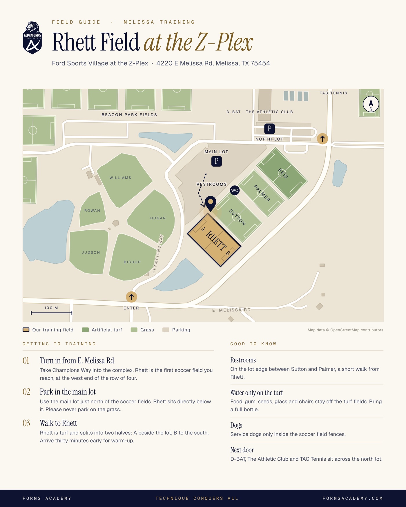 Field guide map of Rhett Field at Ford Sports Village at the Z-Plex in Melissa, showing the entrance from E. Melissa Rd, the main lot, restrooms and Rhett Field halves A and B